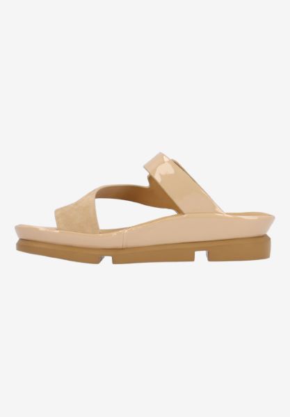 Left side view of Alanza NUDE SUEDE/PATENT