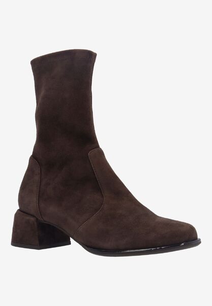 Front view of Nyvani CHOCOLATE STRETCH SUEDE