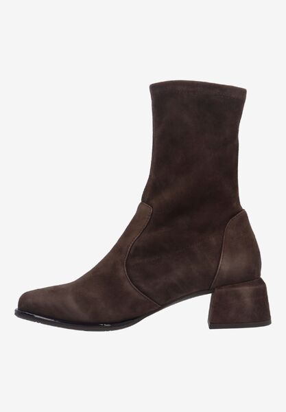 Left side view of Nyvani CHOCOLATE STRETCH SUEDE